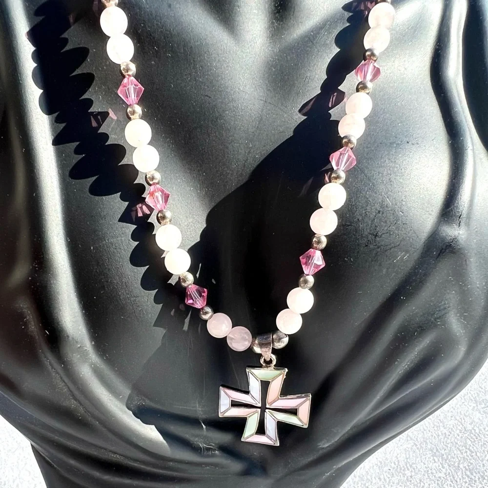 Vintage Handmade Crystal Natural Stone Mother of Pearl Pearlized Cross Necklace